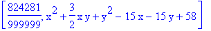 [824281/999999, x^2+3/2*x*y+y^2-15*x-15*y+58]